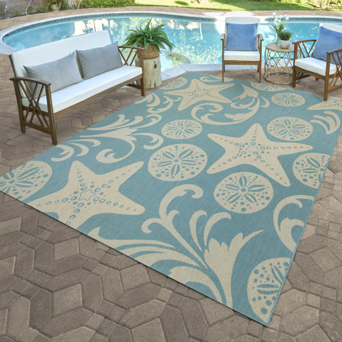 Gertmenian Paseo Canoa Oasis Blue/Beige Nautical Sea Life Indoor/Outdoor Flatweave Area Rug